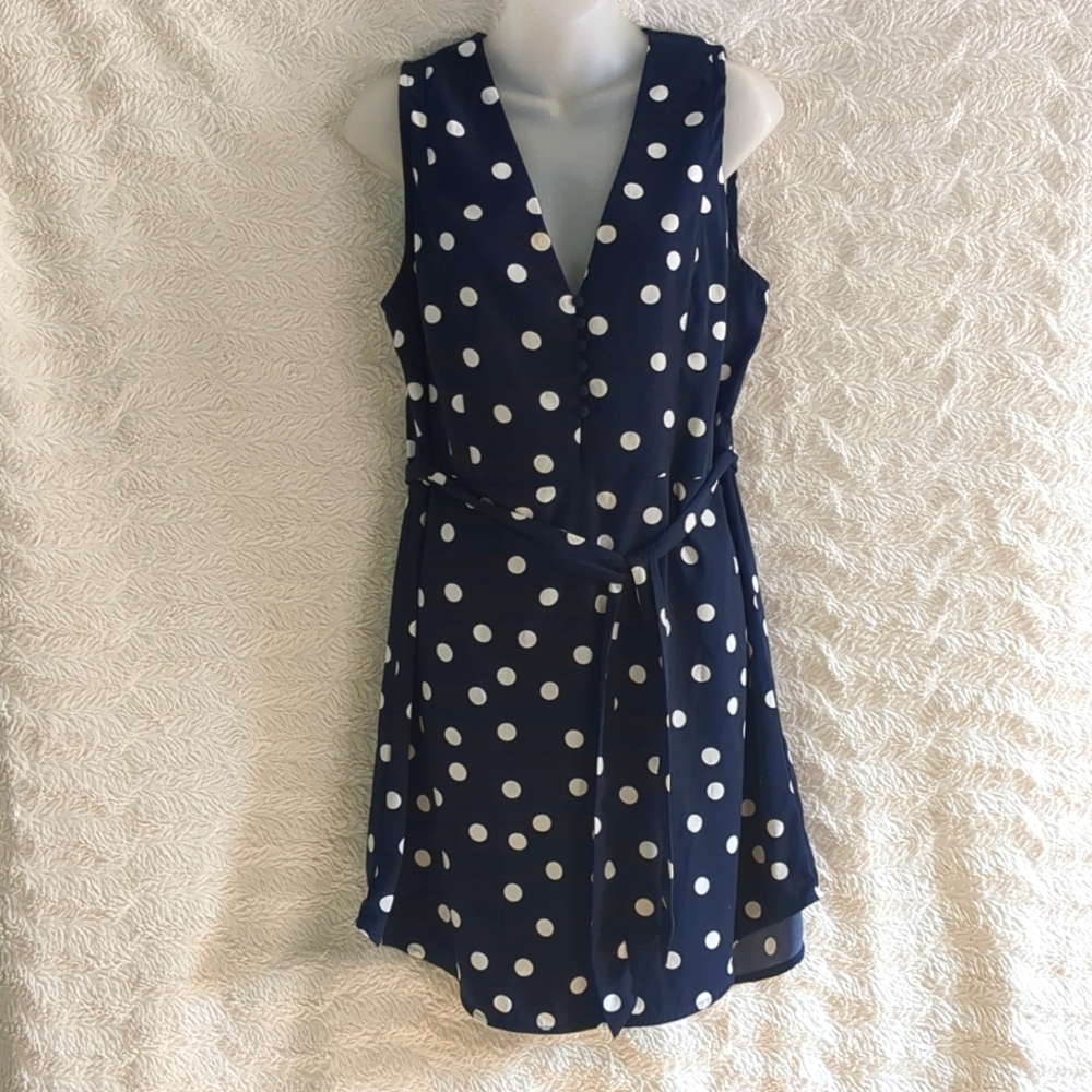 A NEW DAY Polka Dot Dress Sz M Navy blue & White SLEEVELESS V-neck
